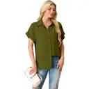 Women's Short Sleeve Shirts V Neck Collared Button Down Shirt Tops with Pockets (ArmyGreen, S) image 1