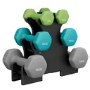 ochamaxsongmics  Neoprene Dumbbells Set - 2 x 1 kg, 2 x 2 kg, 2 x 3 kg, for Workout, with Stand Lime, Teal, and Light Grey  image 1