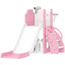 AIYAPLAY Kids Slide, 5 in 1 Toddler Slide Set with Basketball Hoop, Outdoor & Indoor Frog Theme Playset with Climbing Frame, Telescope, Storage Box for Toddlers Ages 1-3, Pink image 0