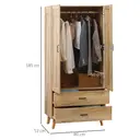 HOMCOM Modern 2-Door Wardrobe with 2 Drawers and Rail, Deep Clothes Storage Unit for Bedroom, 80 x 54 x 180 cm, Natural image 2