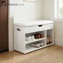Ochama x SONGMICS Storage Bench with Cushion, Shoe Bench with Padded Seat, Entryway Bench with 3 Compartments, Hidden Storage, Shelves, White image 3