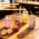 Alphynix Gobelet en verre avec couvercle en bambou et paille 500 ml - Arc-en-ciel et cœurs image 2