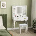 HOMCOM Dressing Table with Mirror and Stool, Vanity Desk with 3-Colour LED Lights, Modern Makeup Table with Cushioned Seat, 2 Drawers, Storage Shelves, Pine Wood legs, White image 2