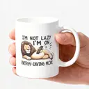 Alphynix 1pc 11oz White Mug with Lazy Lion on "Energy-Saving Mode" Funny Quote, Humorous Gift for Christmas or Thanksgiving image 2