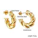 Gold Tone Chunky Twisted Rope C-Shape Hoop Earrings, Textured Stainless Steel Open Hoops image 2