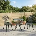 Outsunny Garden Bistro Set with Umbrella Hole, 3 Piece Cast Aluminium Garden Furniture Set, Antique Floral Round Coffee Table and Chairs, Small Balcony Furniture for Outdoor, Patio, Green image 1