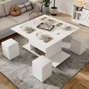 Table 100x50x48 cm, réglable en hauteur, avec roulettes, 4 tabourets & rangement – peut être utilisée comme table basse, table à manger ou table de travail, blanc image 1