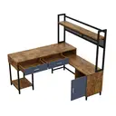Bureau en forme de L de style industriel, construction en acier et bois, cadre en métal antirouille, avec tiroirs, noir + teinte bois. image 7
