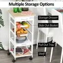 HOMCOM Mobile Rolling Kitchen Island Trolley for Home w/ Metal Baskets Trays Shelves Wheels Compact Stylish Storage White image 3