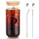 Alphynix 1pc Modern Glass Cup, 500ml Tall Iced Coffee Glass with Monogram "P" Design, Bamboo Lid & Straw, Cold Drink Tumbler for Iced Tea, Juice, Boba image 1