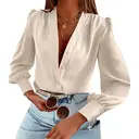 Women's Business Casual Tops Summer Long Sleeve Silk Button Down Shirts V Neck Chiffon Blouses (beige, XL) image 0