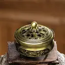 JU7CER 1PC Alloy Golden Lotus Incense Burner with Lid - Classic Style, Ideal for Christmas Home Decoration and Floor Display, Incense Holder image 2