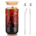 Alphynix 1pc Modern Glass Cup, 500ml Tall Iced Coffee Glass with Monogram "A" Design, Bamboo Lid & Straw, Cold Drink Tumbler for Iced Tea, Juice, Boba image 1