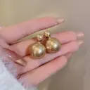 VoxorAI gold classic double pearl earrings with two pearls on both sides, light luxury, high fashion, niche new products 6mm and 14mm image 2