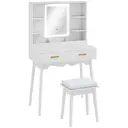 HOMCOM Dressing Table with Mirror and Stool, Vanity Desk with 3-Colour LED Lights, Modern Makeup Table with Cushioned Seat, 2 Drawers, Storage Shelves, Pine Wood legs, White image 0