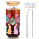 Alphynix 1pc Easter Fresh Start Glass Tumbler, 500ml "Liquid Me" Design with Strawberry, Cherry & Kale Motifs, Includes Bamboo Lid & Straw, Spring Detox Gift image 1