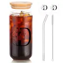 Alphynix 1pc Modern Glass Cup, 500ml Tall Iced Coffee Glass with Monogram "D" Design, Bamboo Lid & Straw, Cold Drink Tumbler for Iced Tea, Juice, Boba image 1