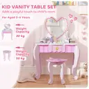 AIYAPLAY Kids Dressing Table Set, 2-Piece Girls Vanity Table with Mirror, Stool, Drawer, Storage, Desktop, Heart-Themed Makeup Desk and Chair, Pink image 4