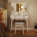 HOMCOM Dressing Table with Mirror and Stool, Vanity Desk with 3-Colour LED Lights, Modern Makeup Table with Cushioned Seat, 2 Drawers, Storage Shelves, Pine Wood legs, White image 9