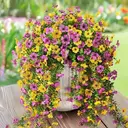 4Pcs 29.5in/75cm
Artificial Faux Hanging Flowers Plants for Outdoor Decor Outside Fake Mums Violets with Eucalyptus Realistic Daisy Trailing Vines for Yard Balcony Porch Decor(yellow&purple) image 1