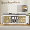 HOMCOM Shoe Bench with Padded Cushion, Boho Shoe Storage Bench with Rattan Doors, Open Shelves and Adjustable Shelves for Hallway, Entryway, Holds 9 Pairs, White image 6