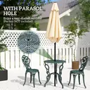 Outsunny Garden Bistro Set with Umbrella Hole, 3 Piece Cast Aluminium Garden Furniture Set, Antique Floral Round Coffee Table and Chairs, Small Balcony Furniture for Outdoor, Patio, Green image 3