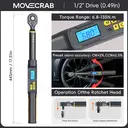 Movecrab Professional Digital Torque Wrench1/2" Drive 6.8-135N.m ±2% High Accuracy LED Display with Nm/in.lb/ft.lb/kg.cm Vibration Sound Light Triple Alarm for Automotive Motorcycle Bike Repair Tool   image 8