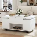 Table 100x50x48 cm, réglable en hauteur, avec roulettes, 4 tabourets & rangement – peut être utilisée comme table basse, table à manger ou table de travail, blanc image 2