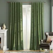 PONY DANCE Striped and Floral Velvet Curtains Back Tab, Luxury Classical Room Darkening Thermal Insulated Curtains for Living Room Bedroom, 2 Panels, W127 x L245 cm, Green