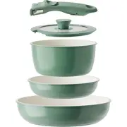Redchef Set de 5 pièces de cookware en revêtement céramique, comprend une casserole de 20 cm avec couvercle & des poêles de 20 cm/26 cm & poignée amovible, sans PTFE/PFOA/PFAS, compatible lave-vaisselle, couleur extérieure vert foncé & couleur intérieure crème