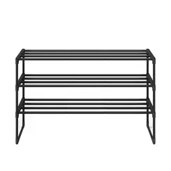 JOYFURNOS Zwart 3-laags metalen schoenenrek – Smal & stapelbaar, 30 x 92 x 55 cm, Voor 16–20 paar – Ruimtebesparende organizer voor hal, kast of woonkamer