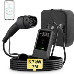 Dé EV-oplader met app, 3,7 kW 7 m enkelfasig, 6–16 A Type 2 EV-oplaadkabel wifi, thuisauto-oplader met lcd-scherm, EV-oplader voor Model Y/3, ID.3/4, EX30 en andere EV's/PHEV's, zwart