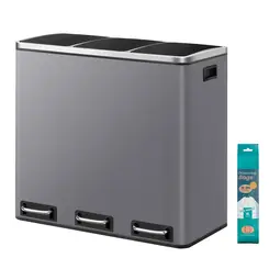 JOYFURNOS Prullenbak met 3 Compartimenten, 3 x 18 L Pedaalemmer met Soft-Close Deksels, Staal, voor Keuken, Grijs