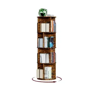 Oak & Tea 4-laagse 360° draaibare boekenplank, ruimtebesparend hoekboekenrek opbergrek voor woonkamer slaapkamer studeerkamer Roodbruin