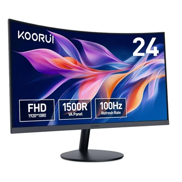 KOORUI Curved Monitor - 23.6 Zoll FHD Curved Computer Monitor, VA-Panel, 100Hz, Krümmung 1500R, Neigungsverstellung, Augenpflege, HDMI