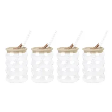 Wolkenförmiges Einzelwand-Trinkbecher-Set (4er-Set) mit wiederverwendbaren Glasstiehen und Silikonspitze/Deckel, aus hochwertigem Borosilikatglas