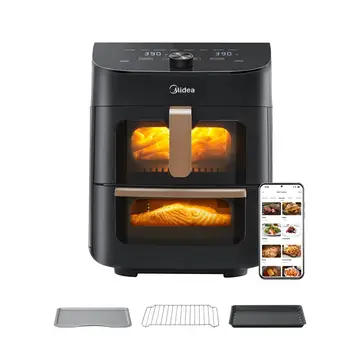 Midea Dual Zone Air Fryer Oven with Wi-Fi & Alexa - 11L, 2400W, 2 Independent Drawers, Visible Window, 10-in-1 Functions, Max Crisp Technology, Smart Sync Finish, Oil-Free Cooking, MF-CY110A
