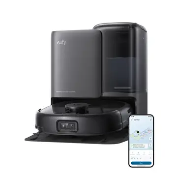 eufy Omni E25 HydroJet Roboter-Staubsauger mit Wischfunktion, 20.000 Pa Turbo-Saugkraft, DuroSpiral Entwirrungsbürsten, CornerRover-Arm für Ecken, All-in-One-Station, für Haustiere und Kinder