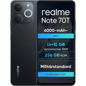 realme Note 70T 4+256GB Smartphone Display Eye Comfort 6.75" @ 90Hz 6000mAh Battery ArmorShell Protection Octa-Core Chipset 7.94mm Ultra Thin IP54 Black Obsidian No Charger