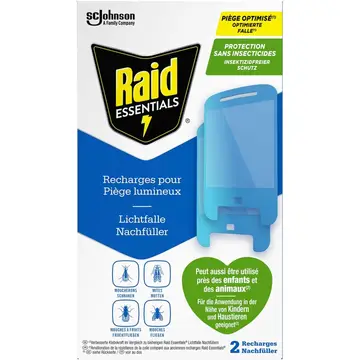 Raid Essentials 2x Lichtfalle Nachfüller für Fliegen, Fruchtfliegen und Motten, Ohne Insektizide, 24/7 Schutz vor fliegenden Insekten, Lichtfalle für den Innenbereich, 2er Pack
