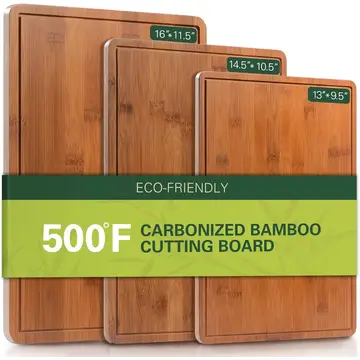 VVM Gecarboniseerde bamboe snijplanken voor de keuken, XL duurzame houten snijplank met sapgroeven en handgrepen, set van 3 stevige serveer- en borrelplanken voor maaltijdvoorbereiding en serveren