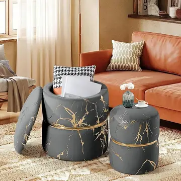 Ensemble de 2 tabourets avec espace de rangement, tabouret avec espace de rangement, tabouret de maquillage, pouf ottomane, ottomane, tabouret ronde en velours bouclé avec espace de rangement pour table de toilette, chambre, salon.