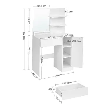 VASAGLE RDT119W01 Dressing Table with Mirror, Storage Compartment, 1 Drawer, 2 Shelves, White