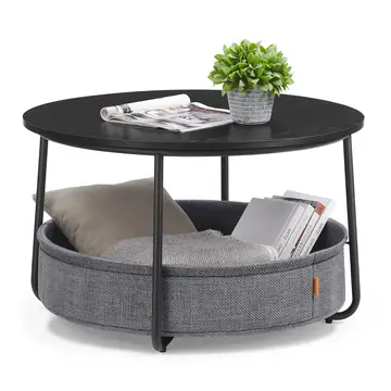 VASAGLE Table basse ronde avec rangement, structure en métal, noir et gris