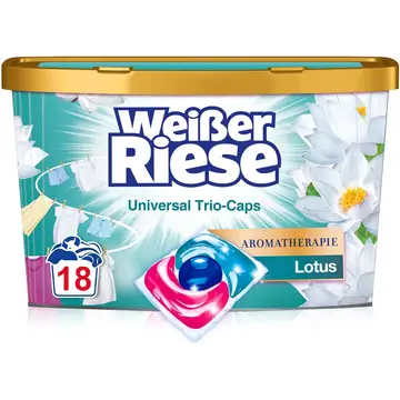White Giant Universal Trio Caps Aromatherapie Lotus (18 Waschladungen), Waschmittel mit Gute-Laune-Duft für unwiderstehlich duftende & strahlend saubere Wäsche, 100% recycelbar
