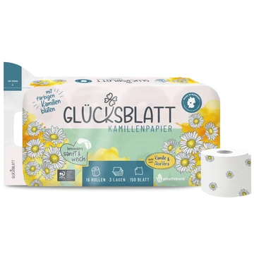 GLÜCKSBLATT Toilet Paper Chamomile 3-Ply, 16 Rolls, 100% Cellulose, 70% PEFC Certified SGSCH-PEFC-COC-000977