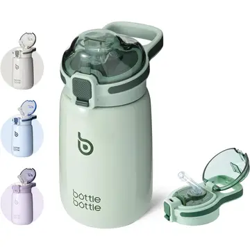 Bottle Bottle kinderwaterflessen, 12 oz, roestvrijstalen waterfles met deksel, dubbelwandig vacuümgeïsoleerd, groen, Nieuwjaarsverkoop, top cadeaukeuzes
