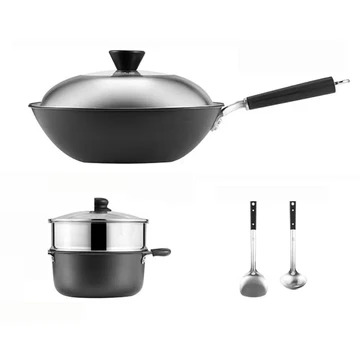 COOKER KING Pannenset - 4.5L Snelle Frituurijzeren Pan + 3L Aluminium Soeppan + 304 RVS Stoommand + 2 Pannenlepels