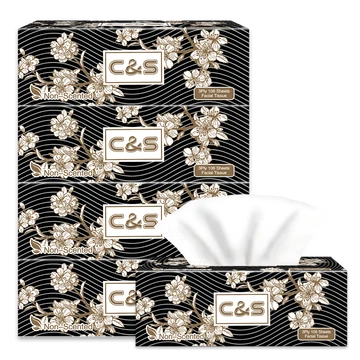C&S Boxed Facial Tissues (Black Box), 3-Ply, 424 Sheets (106 Sheets * 4 Boxes), Elegant Black Box, Easy Draw