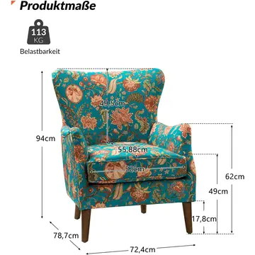 Fauteuil de salon confortable HULALA HOME à oreilles et accoudoirs à l’anglaise, tissu jacquard fleuri, pieds en bois massif